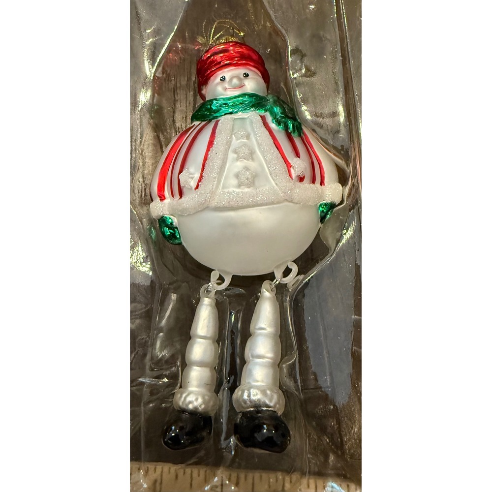 Kmart Christmas Ornament White Red Green Dangle Leg Glass Snowman Vintage NEW